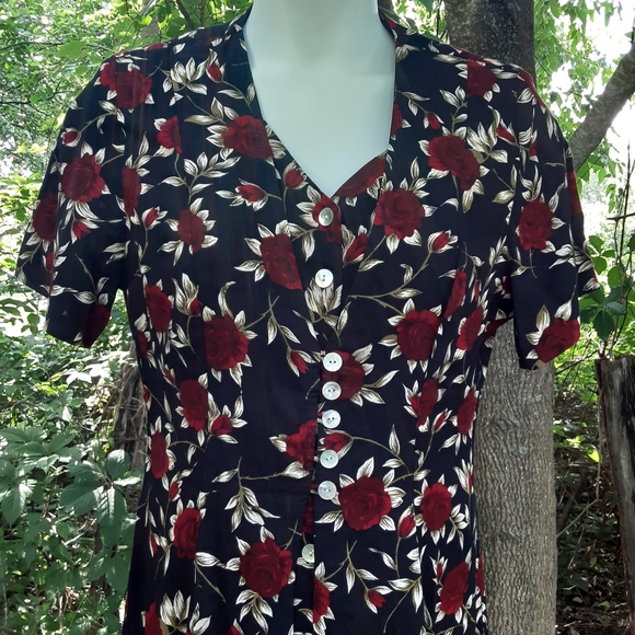 90s floral red rose black maxi dress faux vest and loads of buttons sz 12 - Picture 3 of 7